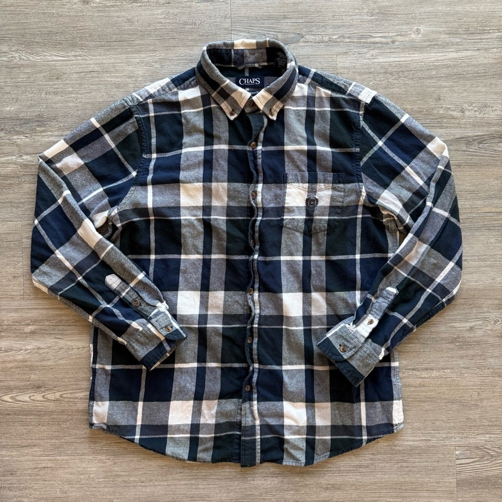 Chaps Performance Flannel Shirt Blue Black Plaid Mens Large Outdoors Button Up
